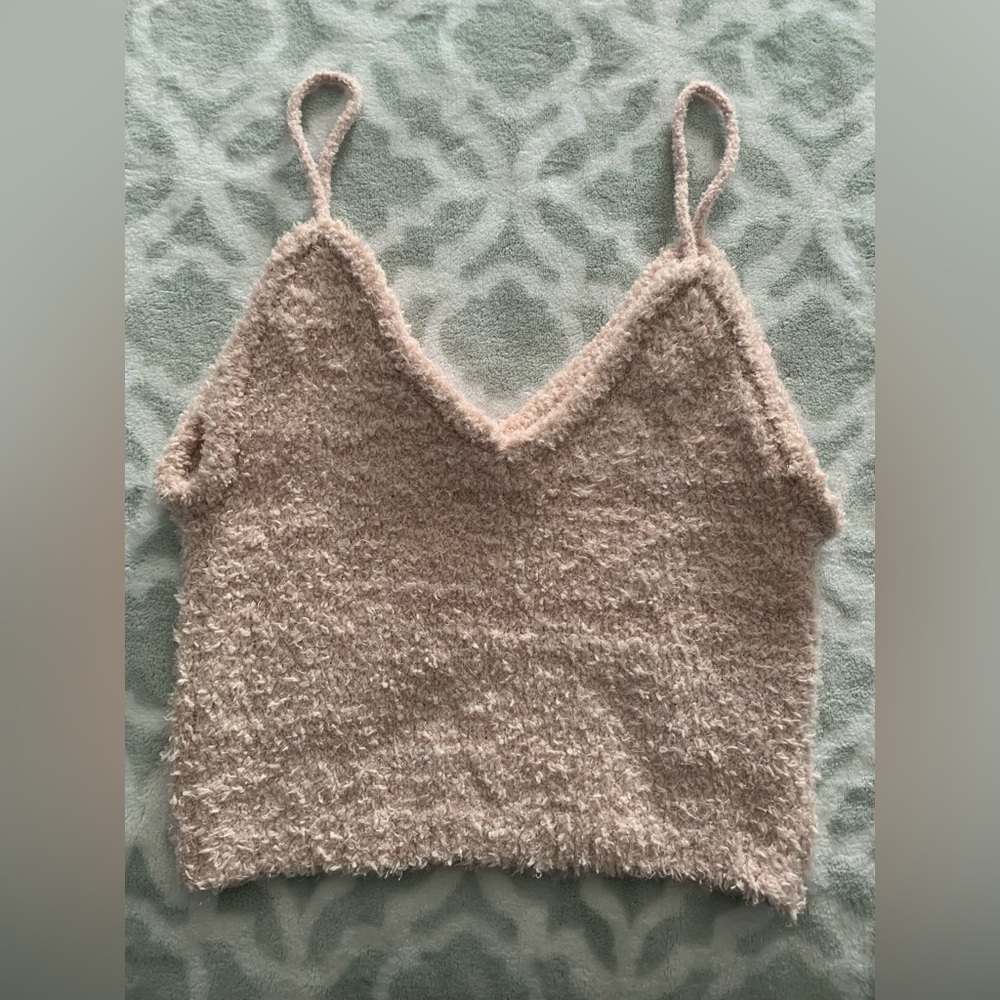 Fuzzy Spaghetti Strap V-Neck Crop Top - Light Taupe